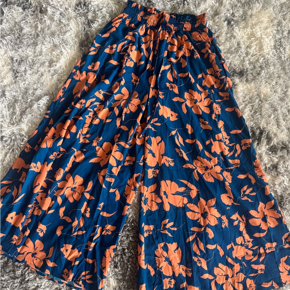 Floral Wide-Leg Pants in Blue and Orange